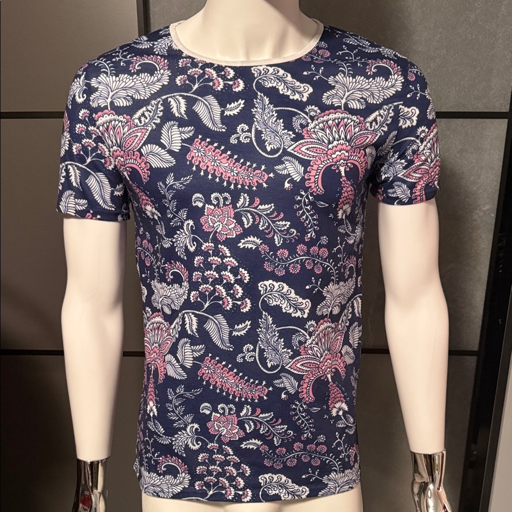 Men's Navy Floral Crew Neck T-Shirt